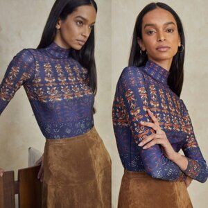 NWT Hunter Bell Mock Neck Long Sleeve Connor Top Essex Block Border Navy